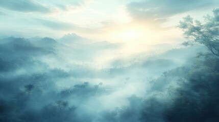 Ethereal Landscape with Misty Forest and Soft Morning Sunrise Illuminating the Horizon