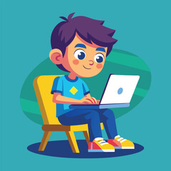 a boy is using his laptop vector