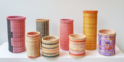A collection of vibrantly colored baskets arranged neatly on a white shelf, showcasing a variety of hues and shapes for decorative purposes.