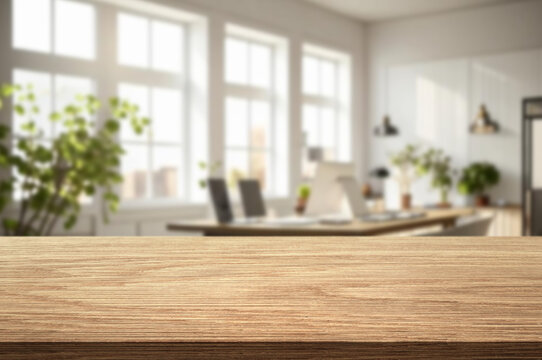 Blurred background of modern office with glass walls and a table in the foreground.