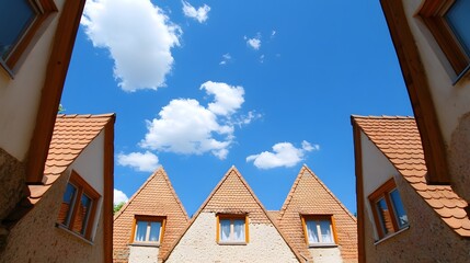 Obraz premium Unique Triangular House Roofs Under Blue Sky