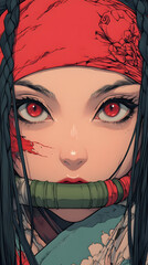 Vibrant Anime Portrait of a Fierce Female Warrior with a Red Bandana, Intense Expression, and Traditional Japanese Aesthetic: Intricate Art Design Featuring Mystical Elements and Powerful Character