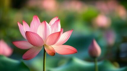 Obraz premium A single pink flower with a green stem is the main focus of the image. The flower is surrounded by other pink flowers, creating a beautiful and serene scene