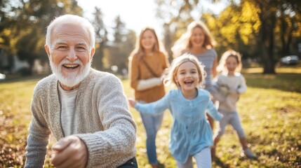 An older man with a white beard and hair joyfully runs alongside children, showcasing a moment of playfulness and connection across generations.