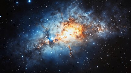 Obraz premium A starry sky with a bright orange star in the middle. The orange star is surrounded by a blue and white nebula