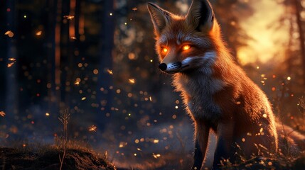 Enigmatic Fox in Enchanted Forest, a fox with luminous eyes surrounded by a mystical ambiance of fireflies in a shadowy woodland setting