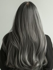 Naklejka premium Back view of senior mature middle aged older Asian lady with long gray natural coloring vibrant silky hair. Dry hair replenishing healing treatment for women after menopause advertising concept.