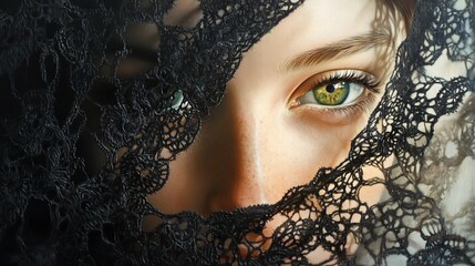 Mysterious Gaze Through Black Lace Veil: A Digital Painting of a Woman's Enigmatic Eyes