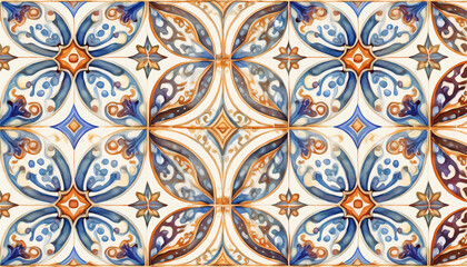 Ornate tile pattern with blue and brown floral and leaf motifs, featuring symmetrical and intricate designs, showcasing the beauty of traditional craftsmanship Generative AI