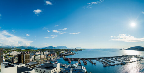 Fototapeta premium Bodo city center in Norway aerial view cityscape in summer with architecture and harbour in Bodo, Norland, Norway