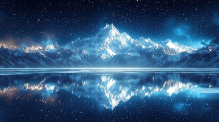 Fototapeta premium Majestic Night: Snow-Capped Mountain Reflection Under a Starry Sky