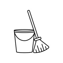 besom with stick and pail icon Vector logo set flat