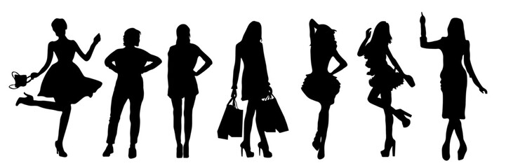 Silhouettes of girls in different poses. Black shadows on a white background. Girls in dresses