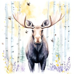 A majestic moose stands in a serene forest, surrounded by birch trees and vibrant wildflowers, with bees buzzing around.