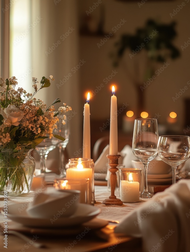 Poster elegant festive dining table adorned with candles and fresh flowers for a warm gathering. generative