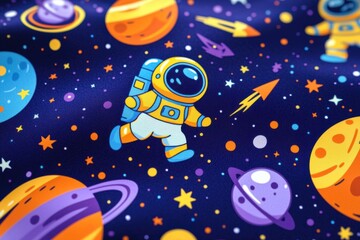 Naklejka premium A playful, space-themed seamless pattern featuring cartoon astronauts and related elements.