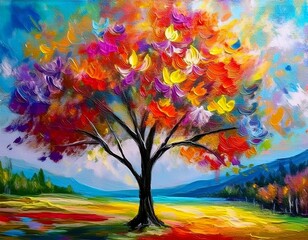 Painting of a tree with colorful flowers in the autumn season. Oil color painting.