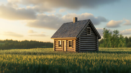 Obraz premium small wooden log cabin in a grass