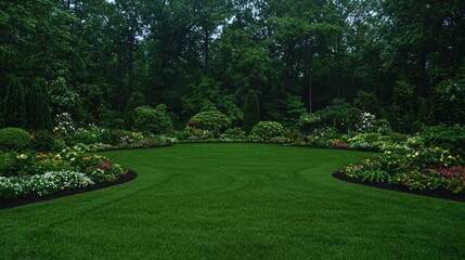 Fototapeta premium Lush garden on a rainy day, tranquil scene, possible use for wallpaper or poster design