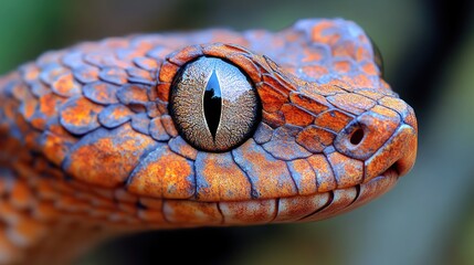 Fototapeta premium Close-up of a vibrant orange and blue snake's head, showcasing intricate scales and a captivating eye.