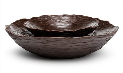 Two dark brown textured bowls nested, white background, home decor