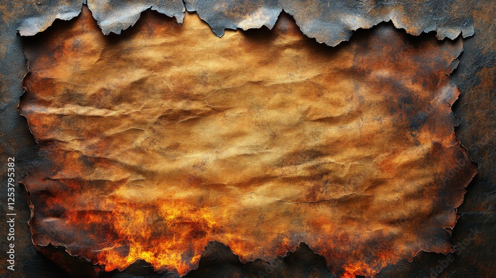 Aufkleber burnt edges: abstract textural background of scorched paper with flame-like hues and tattered border