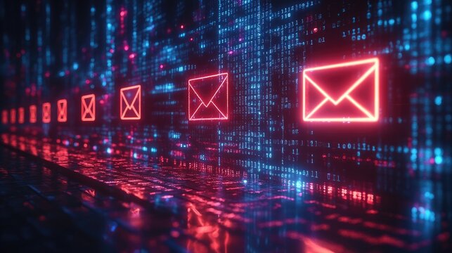 A digital representation of email communication with glowing icons and binary code.