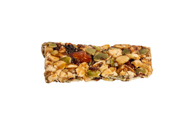 Muesli bar with nuts and seeds. It is brown and white. Muesli bar with nuts and seeds on transparent background png format.