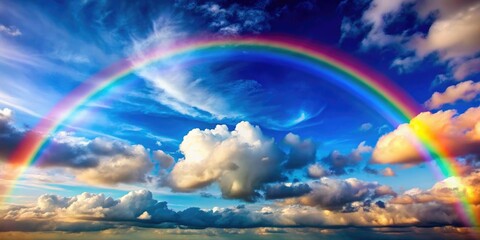 A colorful rainbow stretching across the sky with fluffy white clouds in the background, natural, clouds, horizon
