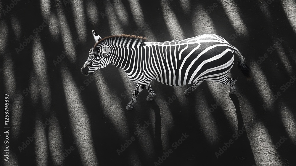 Aufkleber Zebra in Shadow: A Striking Black and White Portrait of a Zebra Walking Across a Dark Textured Surface, Bathed in Dramatic Shadows and Light Patterns.