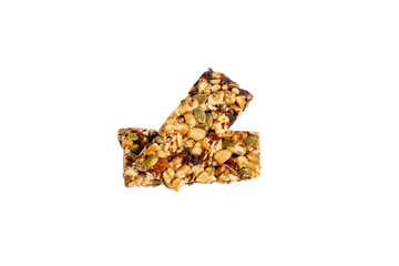 Two muesli bars lying on top of each other on a transparent background png format. They are on a white background.