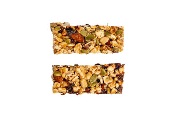 Two muesli bars with nuts and seeds. Two muesli bars on a transparent background.