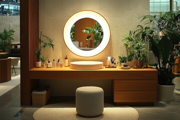 Elegant midcentury modern vanity area with high fidelity contemporary space home decor minimalist aesthetic cozy ambiance