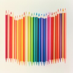 Obraz premium An artistic composition of colored pencils arranged in a gradient pattern, their lengths and colors varying slightly, set against a plain pastel background 