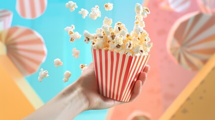 Classic popcorn box held by human hand against playful pastel geometric background with festive dots