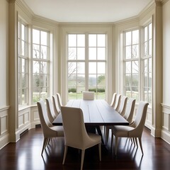 Fototapeta premium A serene and sophisticated dining room, captured in a professional photograph, featuring a lengthy, dark-stained wooden table that stretches elegantly across the room.