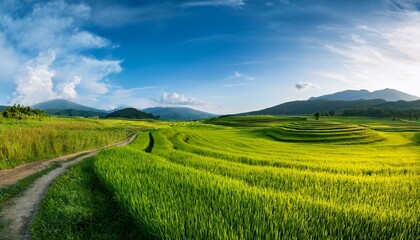Fototapeta premium 春の田園風景 稲作の田んぼや野原が広がる風景。遠くに見える山々と空との間に広大な余白が確保され、自然な背景として利用可能。