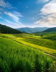 Obraz premium 春の田園風景 稲作の田んぼや野原が広がる風景。遠くに見える山々と空との間に広大な余白が確保され、自然な背景として利用可能。