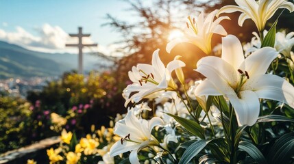 White Lilies and Cross at Sunset.