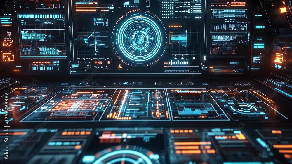 Poster futuristic spaceship cockpit displaying a holographic data analysis interface with graphs and charts