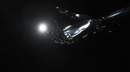 artificial intelligence, future technology and business concept - robot and human hand with flash light and virtual screen projection over black background