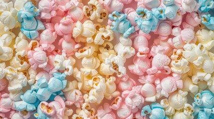 Colorful pastel popcorn in pink, blue and yellow colors arranged in flat lay background