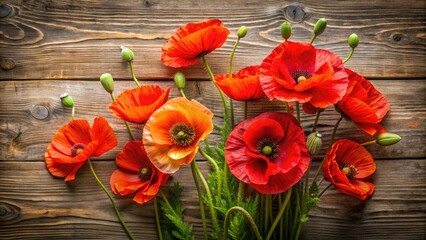 A cluster of poppy flowers in various stages of blooming against a rustic wooden background, rustic, garden, flower
