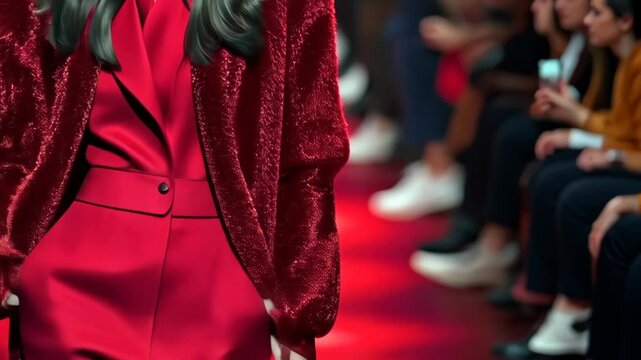 Fashion runway show features stunning red outfit with textured details and bold style during vibrant event in Paris