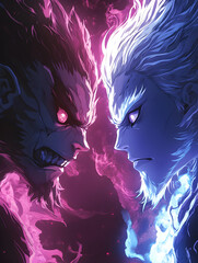 Fototapeta premium Epic Fantasy Battle: Confrontation of Powerful Characters in a Vibrant Duel of Light and Dark Energy, Showcasing Supernatural Rivalry, Intense Emotions, and Dramatic Colors in Stunning Illustrations