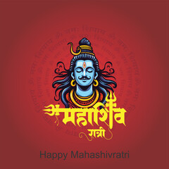 Happy Maha Shivratri text with Lord Shiva Illustration, and Temple background, Traditional Festival Poster Banner Design Template Vector Illustration