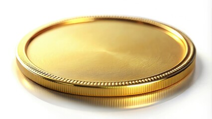 A close-up of a shiny, 24k gold coin with raised edges and a matte finish, luxury item, treasure, ornate details, precious metal