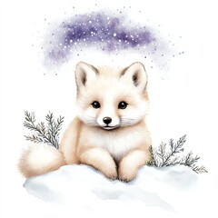 Obraz premium A cute arctic fox sits in the snow, surrounded by greenery, with a soft purple snowfall in the background.