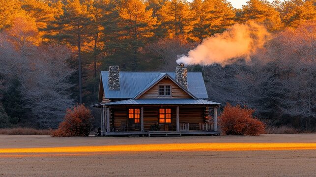 Cozy log cabin at sunset with smoke rising from chimney.