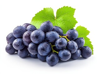 Fototapeta premium Bunch of fresh, dark blue grapes with water droplets and green leaves, isolated on a white background